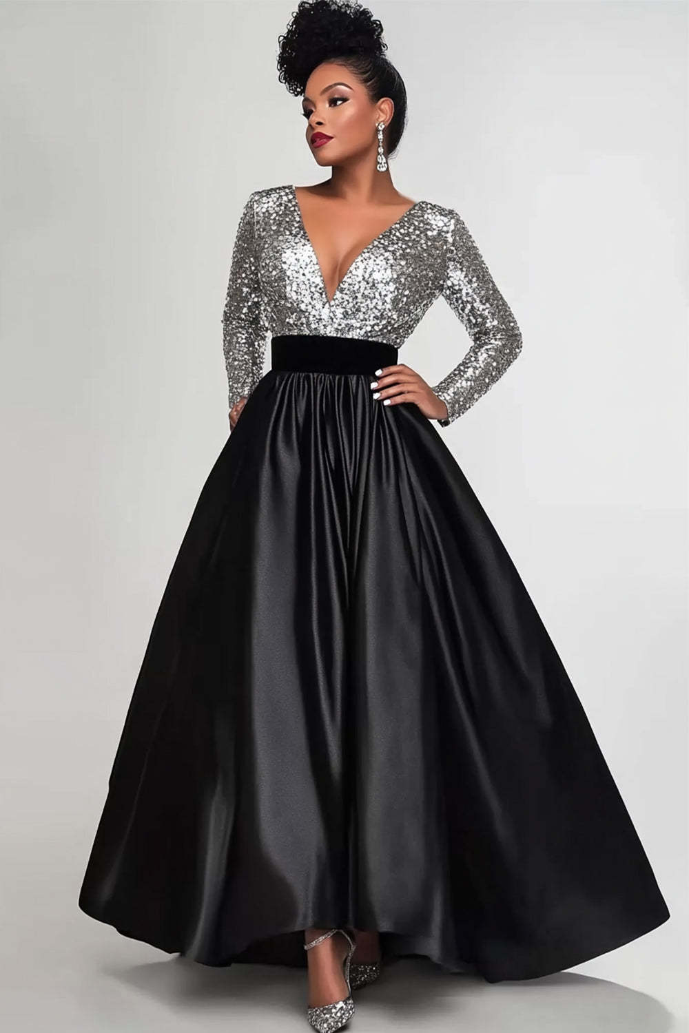 Dreamyannie Black Silver Wedding Guest Dress A-Line Long Sleeves Long Formal Dress