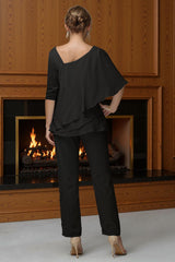 Dreamyannie Black Tiered V Neck 2 Piece Mother Of The Bride Pant Suits With Sleeves