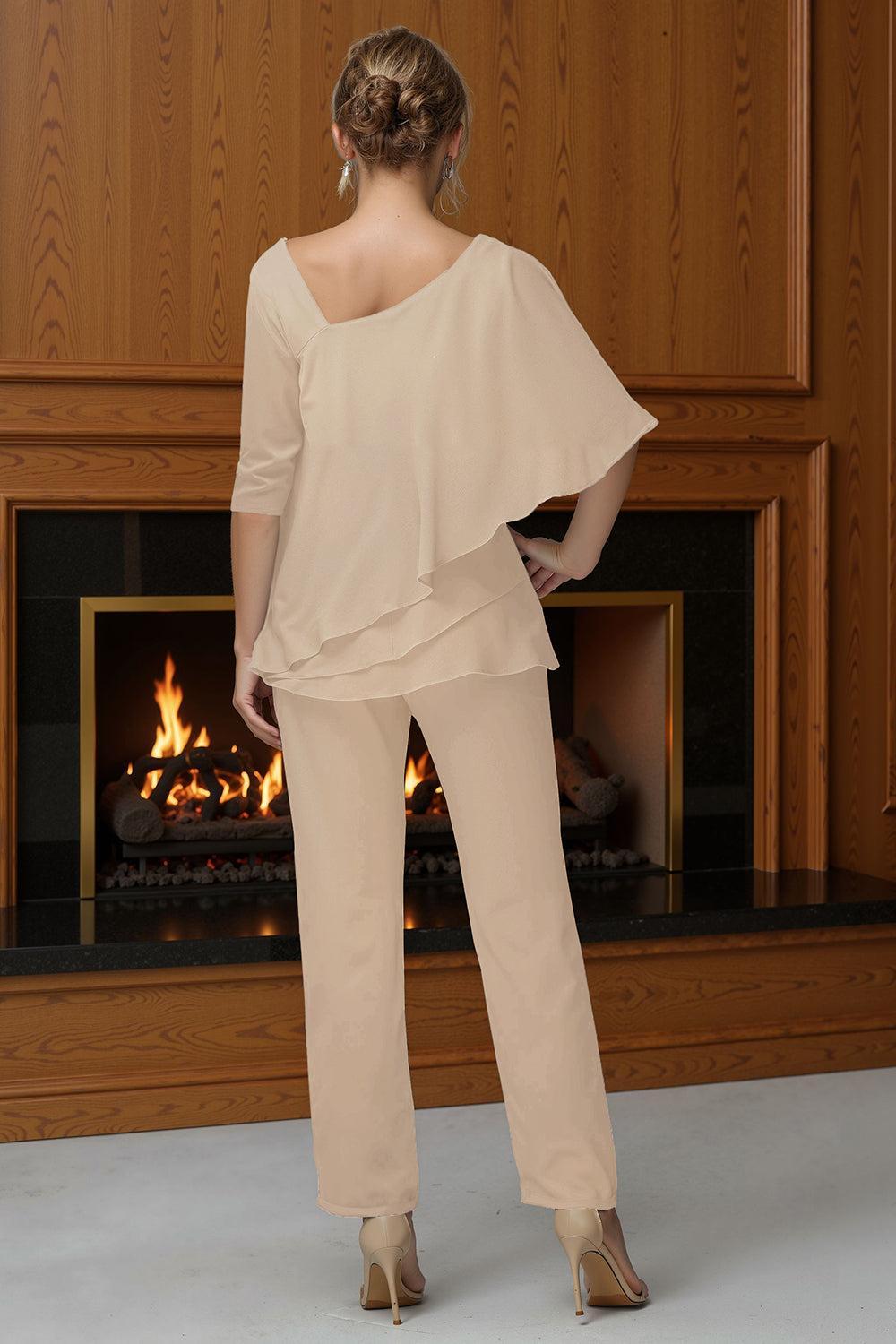Dreamyannie Black Tiered V Neck 2 Piece Mother Of The Bride Pant Suits With Sleeves