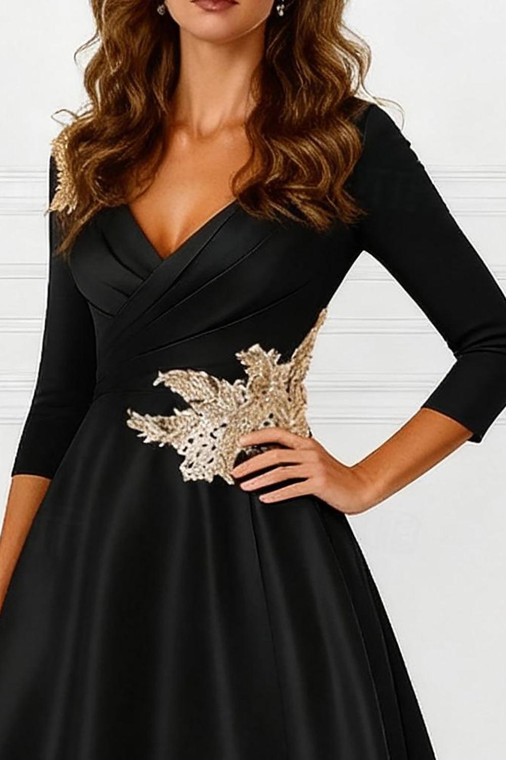 Dreamyannie Black V Neck Satin High Low Mother Of The Bride Dress With Appliques