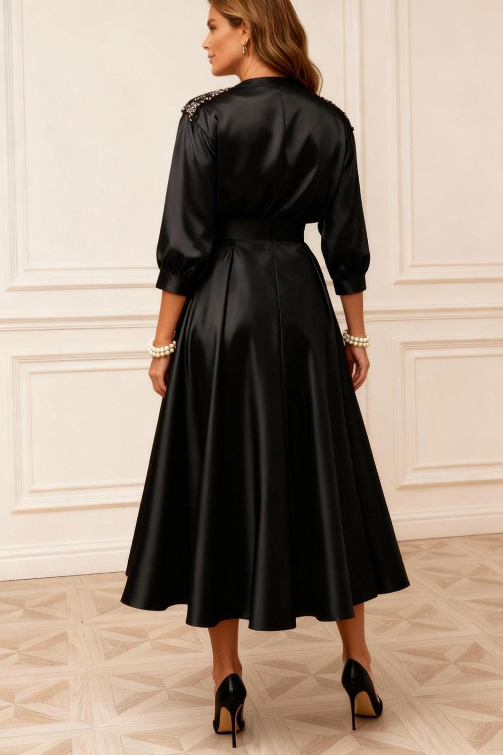 Dreamyannie Black V Neck Satin Tea Length Mother Of The Bride Dress