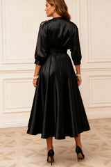Dreamyannie Black V Neck Satin Tea Length Mother Of The Bride Dress