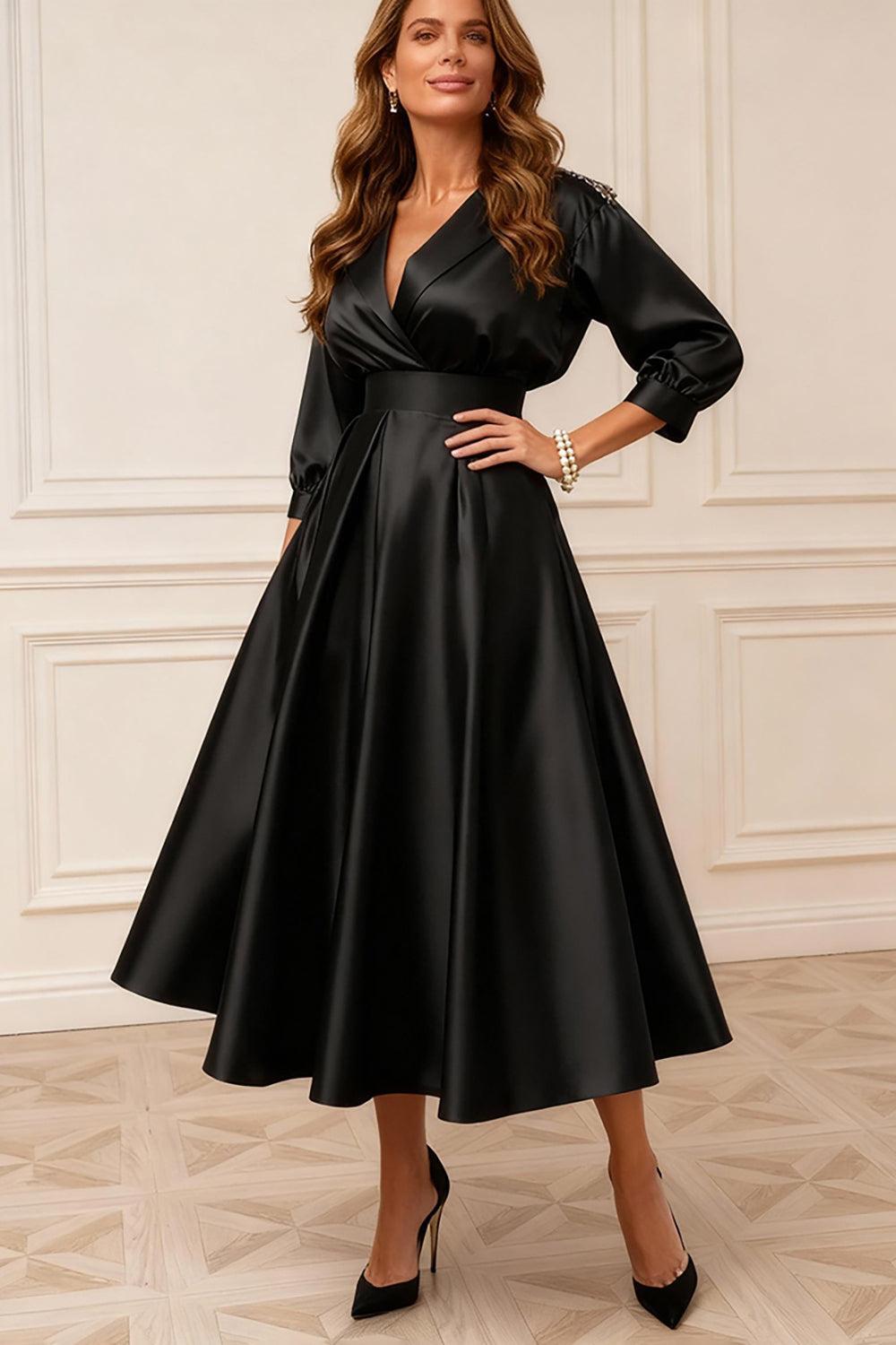 Dreamyannie Black V Neck Satin Tea Length Mother Of The Bride Dress