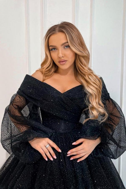 Dreamyannie Black Wedding Guest Dress A Line Ankle Length Off The Shoulder Evening Dress With Sleeves