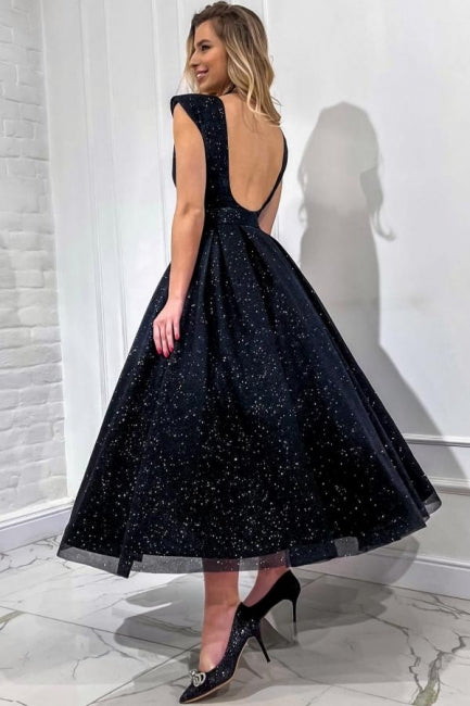 Dreamyannie Black Wedding Guest Dress A Line V Neck Sleeveless Sequined Evening Dress