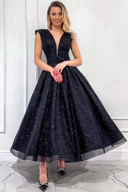 Dreamyannie Black Wedding Guest Dress A Line V Neck Sleeveless Sequined Evening Dress