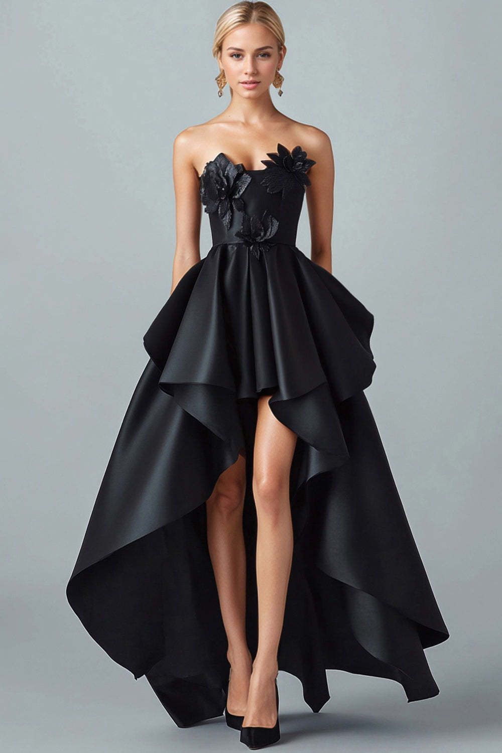 Dreamyannie Black Wedding Guest Dress High-Low A-Line Strapless 3D Flowers Satin Formal Dress With Ruffles
