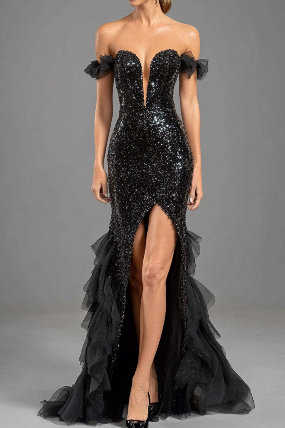 Dreamyannie Black Wedding Guest Dress Mermaid Off The Shoulder Sequins Formal Dress With Ruffles