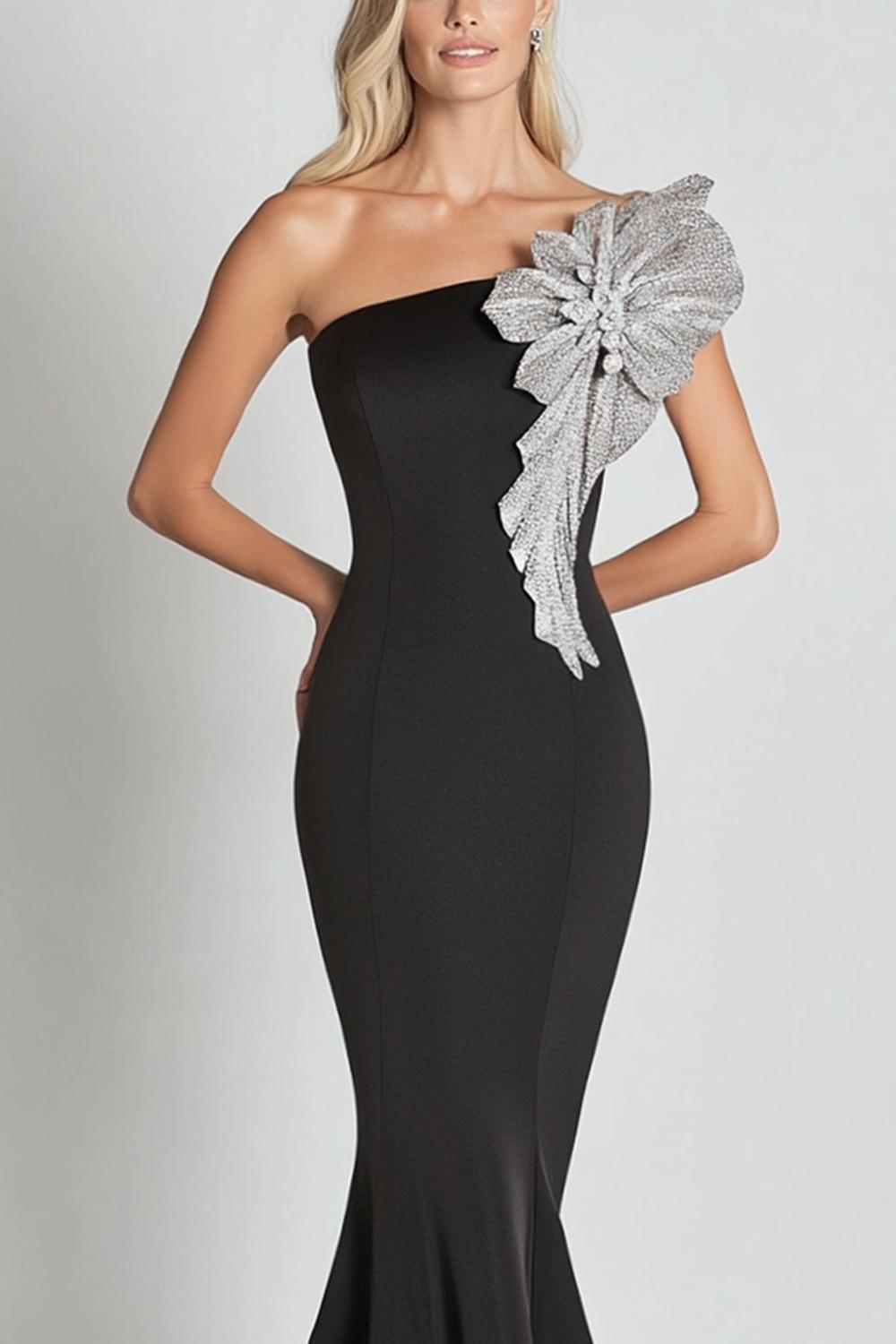 Dreamyannie Black Wedding Guest Dress Mermaid One Shoulder Long Formal Dress With Sequines