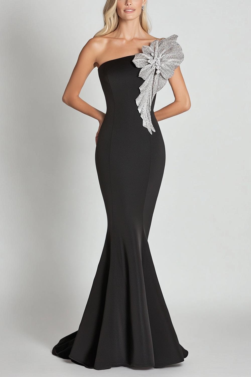 Dreamyannie Black Wedding Guest Dress Mermaid One Shoulder Long Formal Dress With Sequines