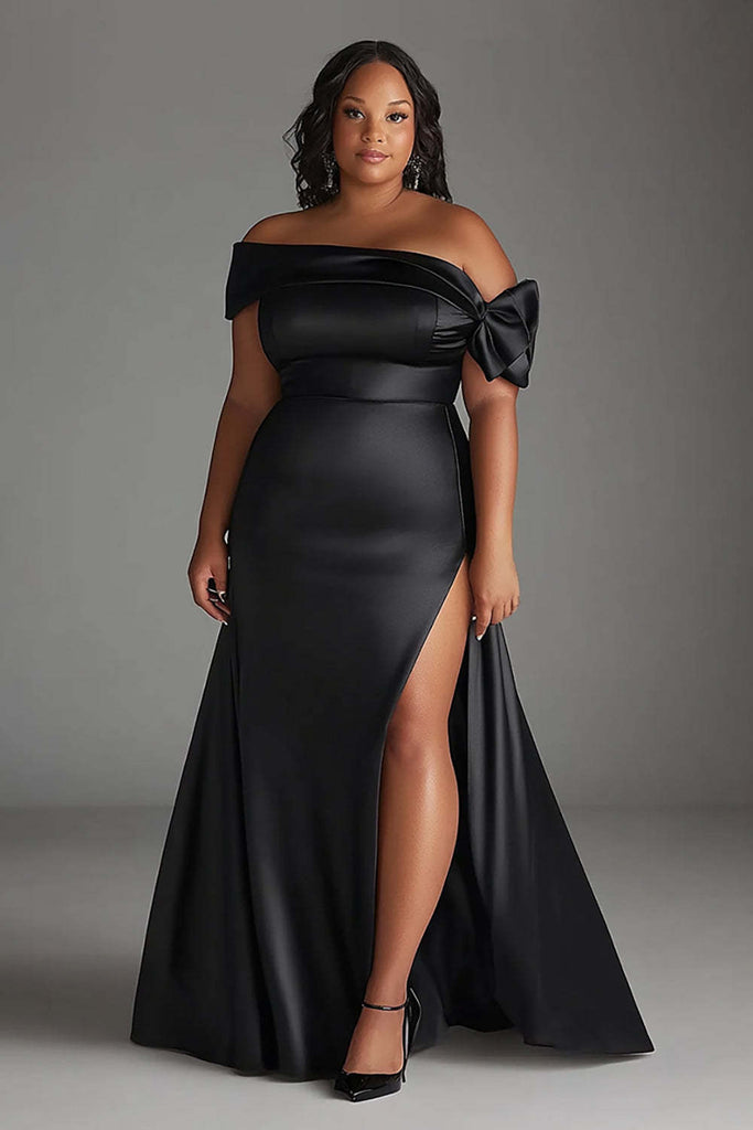 Dreamyannie UK Black Wedding Guest Dress Plus Size Off The Shoulder Long Satin  Formal Dress With Slit