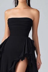 Dreamyannie Black Wedding Guest Dress Strapless Ruffled Long Chiffon Formal Dress With Slit