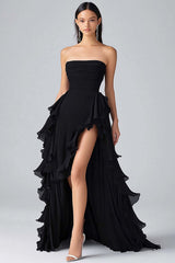 Dreamyannie Black Wedding Guest Dress Strapless Ruffled Long Chiffon Formal Dress With Slit