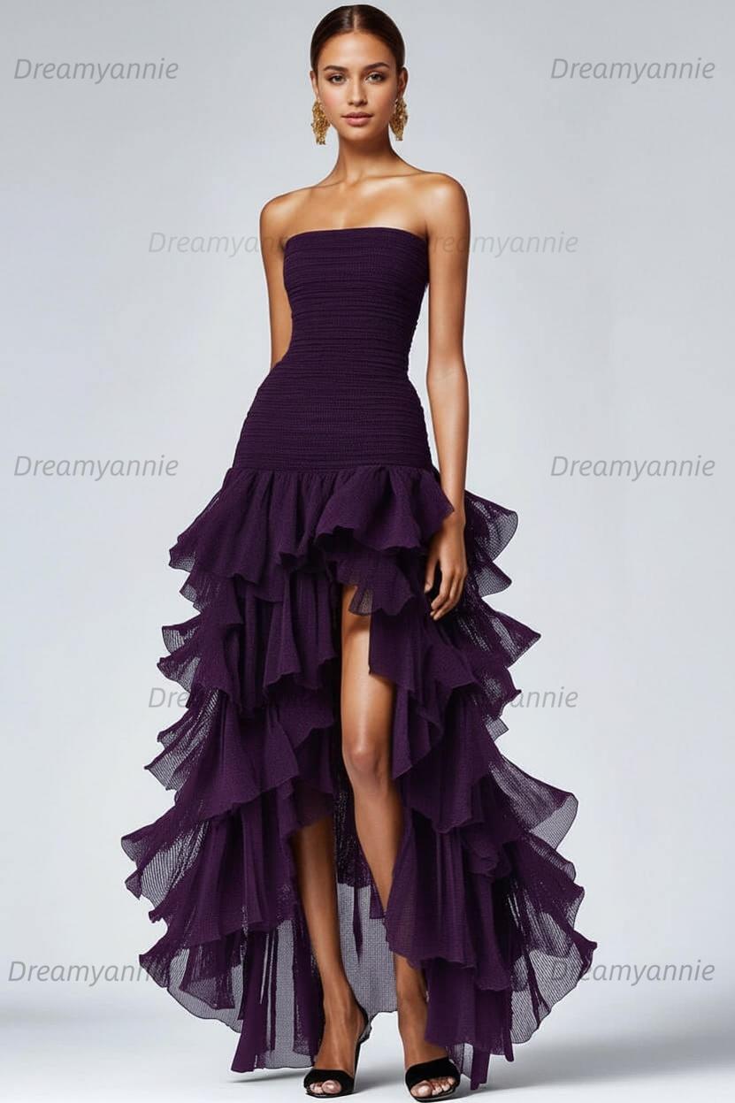 Dreamyannie Black Wedding Guest Dress Strapless Tulle Long Ruffled Formal Dress With Slit