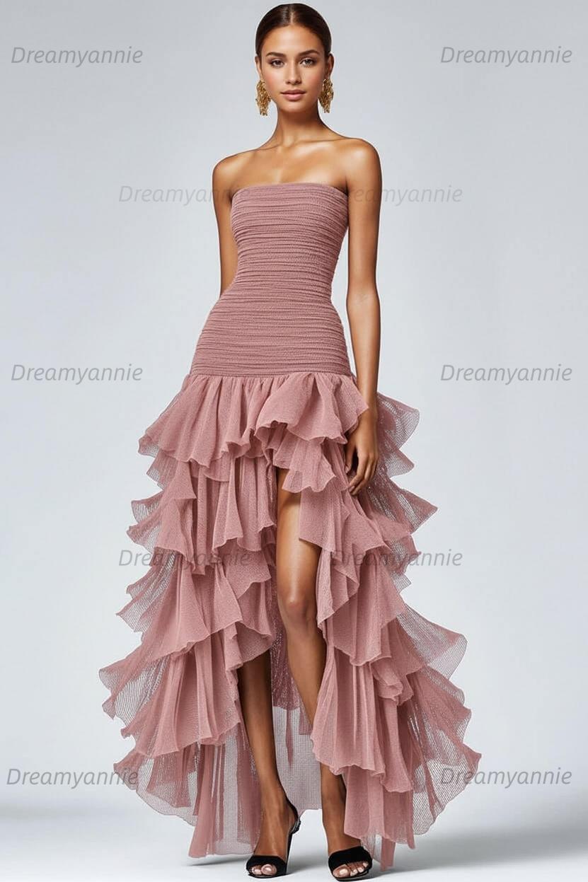 Dreamyannie Black Wedding Guest Dress Strapless Tulle Long Ruffled Formal Dress With Slit