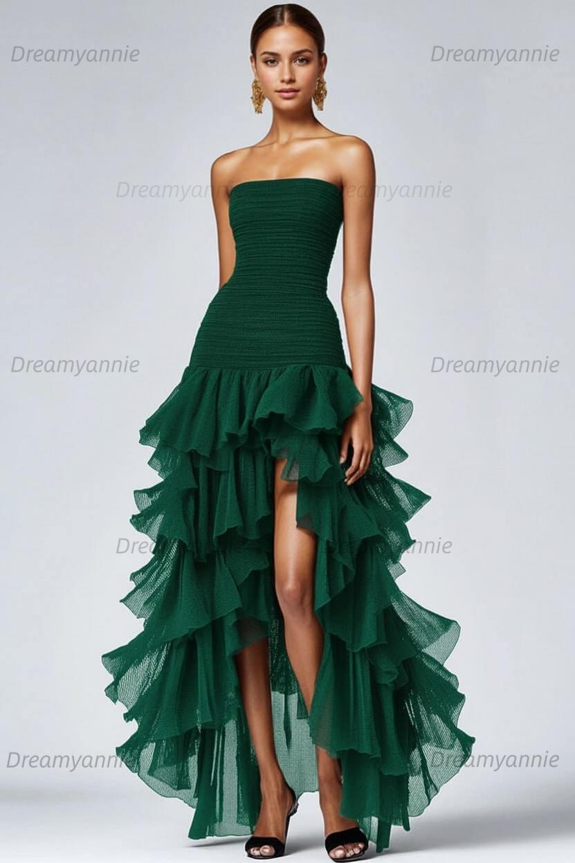 Dreamyannie Black Wedding Guest Dress Strapless Tulle Long Ruffled Formal Dress With Slit