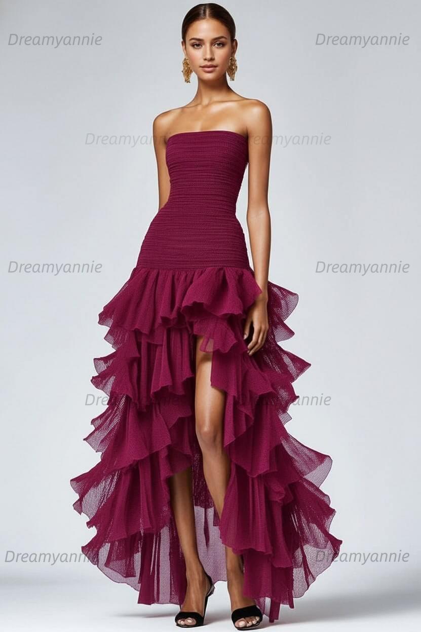 Dreamyannie Black Wedding Guest Dress Strapless Tulle Long Ruffled Formal Dress With Slit