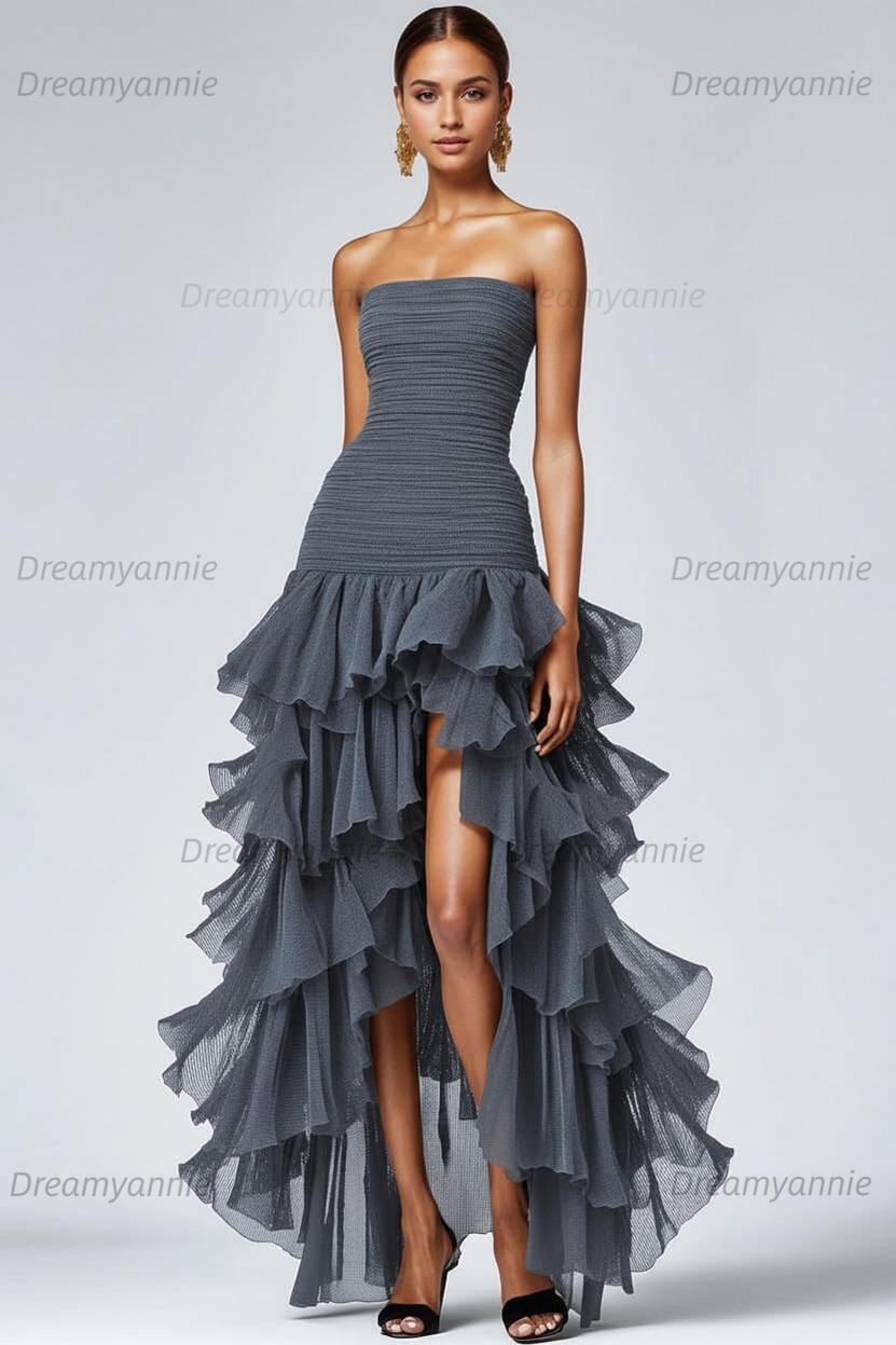 Dreamyannie Black Wedding Guest Dress Strapless Tulle Long Ruffled Formal Dress With Slit