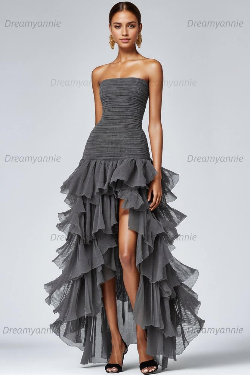 Dreamyannie Black Wedding Guest Dress Strapless Tulle Long Ruffled Formal Dress With Slit