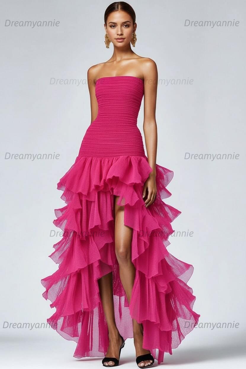 Dreamyannie Black Wedding Guest Dress Strapless Tulle Long Ruffled Formal Dress With Slit