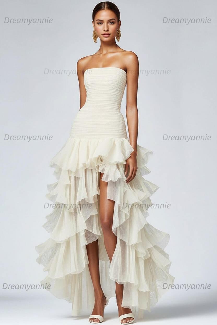 Dreamyannie Black Wedding Guest Dress Strapless Tulle Long Ruffled Formal Dress With Slit
