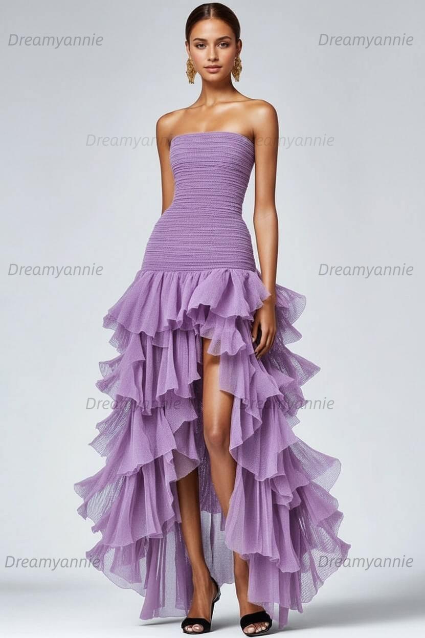 Dreamyannie Black Wedding Guest Dress Strapless Tulle Long Ruffled Formal Dress With Slit