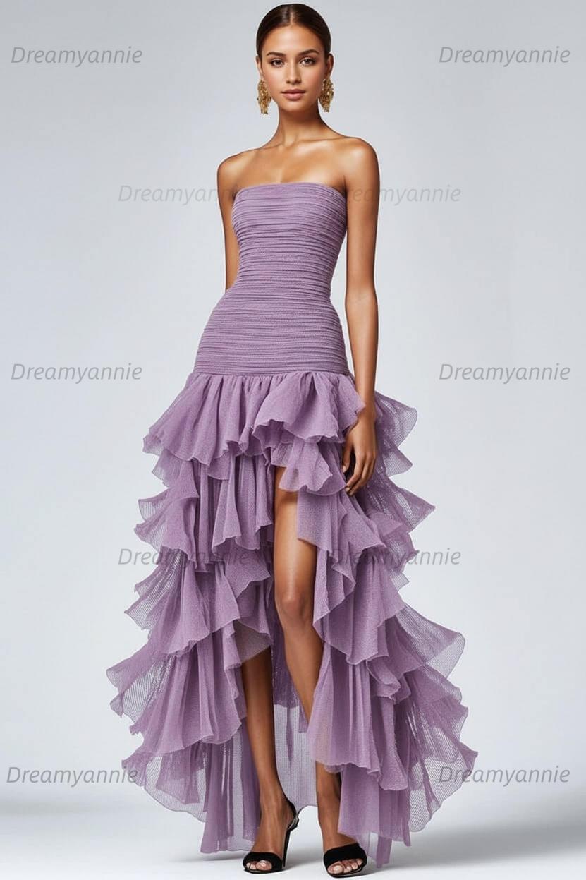 Dreamyannie Black Wedding Guest Dress Strapless Tulle Long Ruffled Formal Dress With Slit