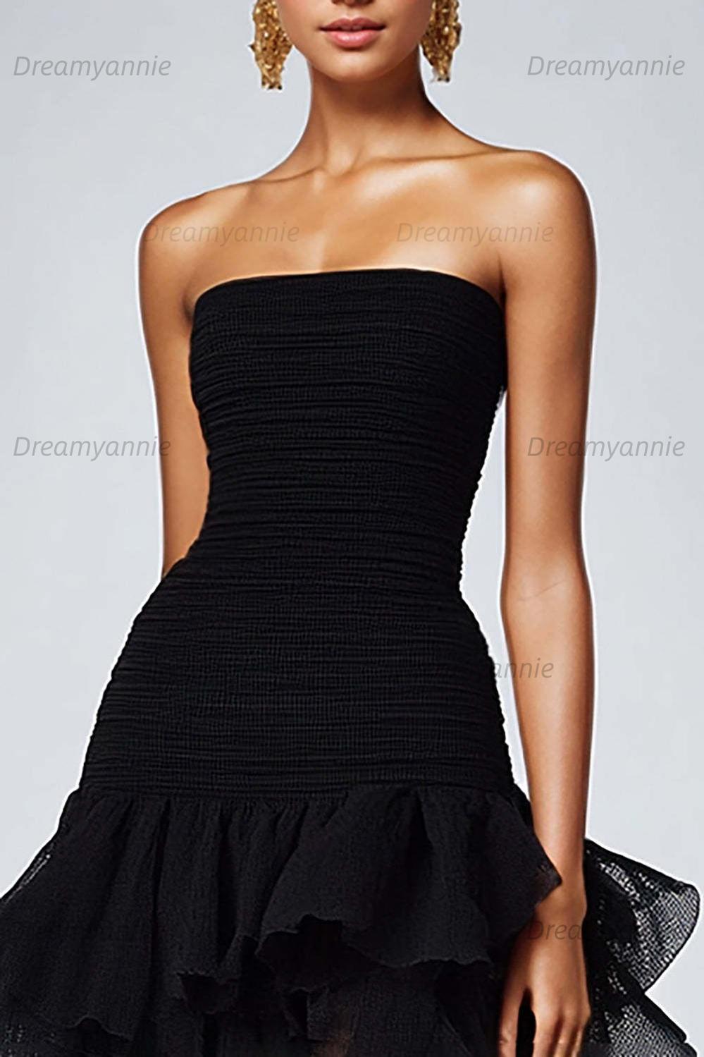 Dreamyannie Black Wedding Guest Dress Strapless Tulle Long Ruffled Formal Dress With Slit