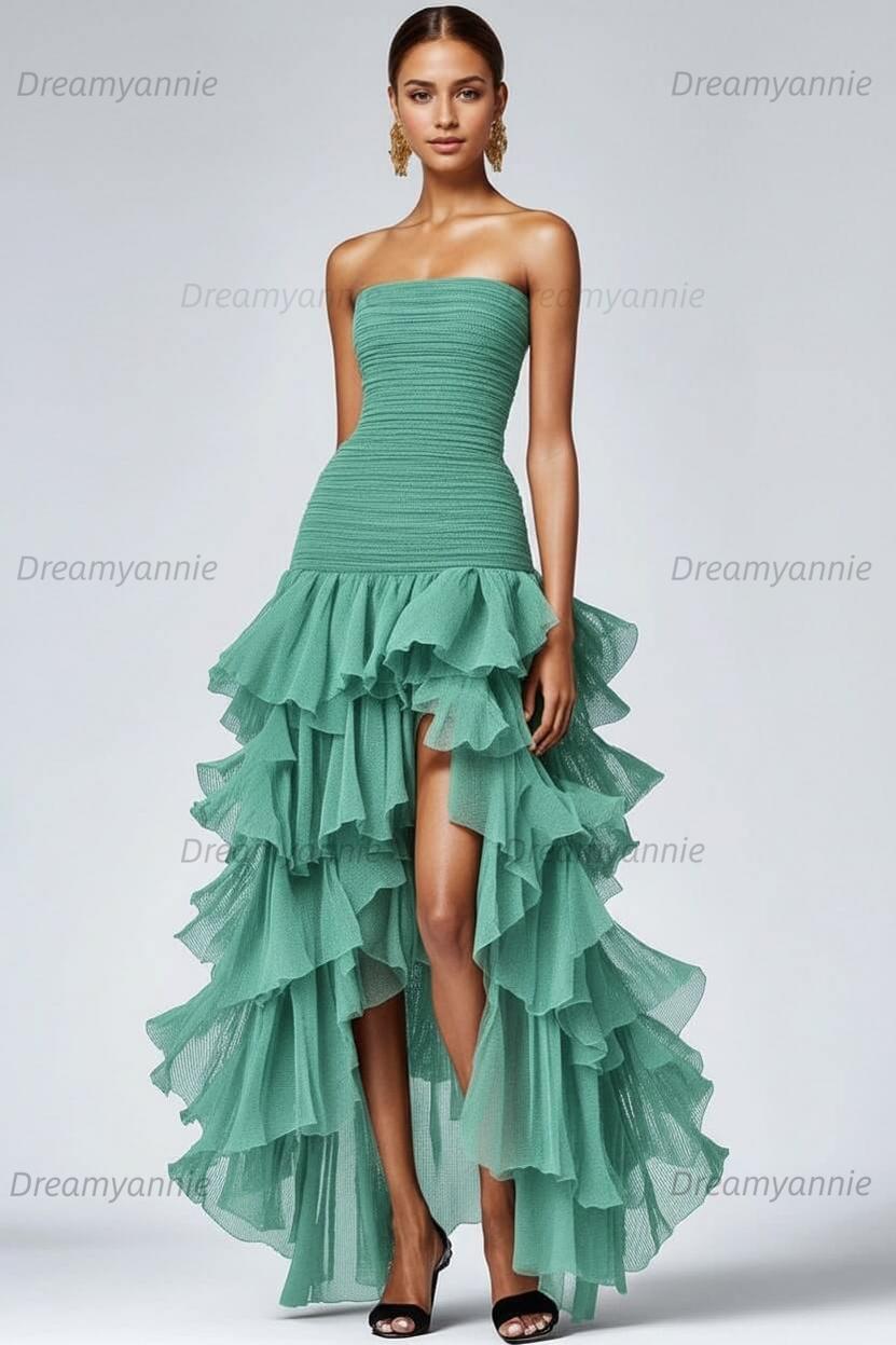 Dreamyannie Black Wedding Guest Dress Strapless Tulle Long Ruffled Formal Dress With Slit