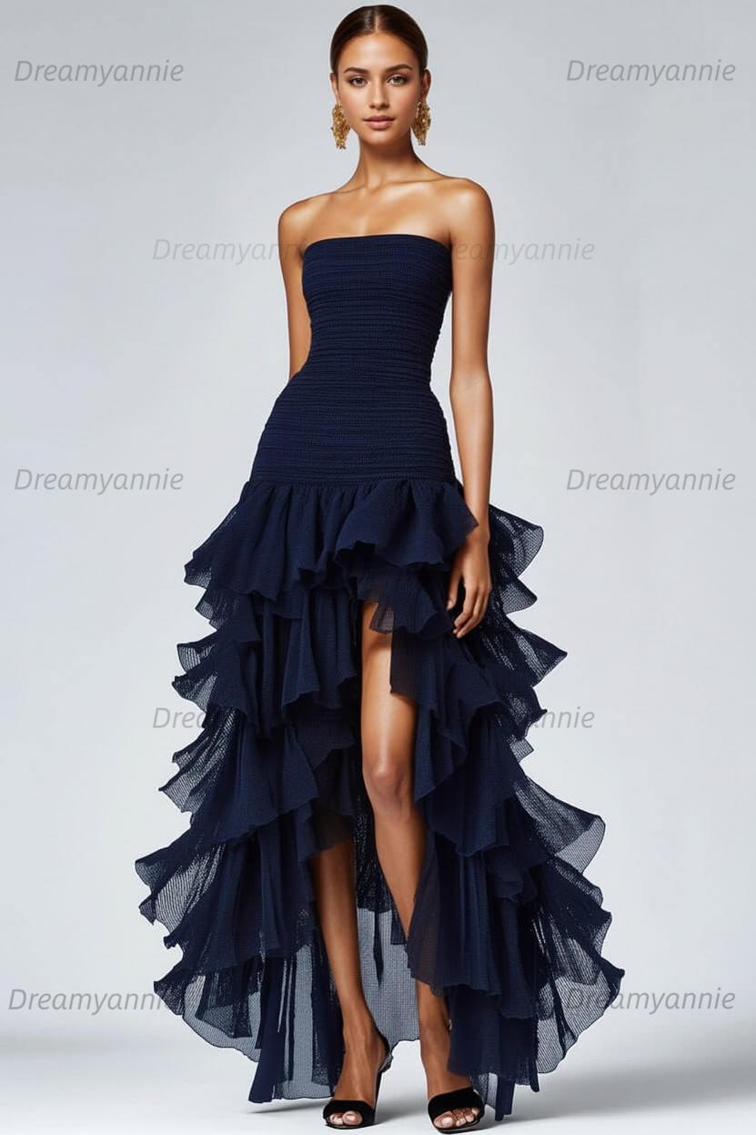 Dreamyannie Black Wedding Guest Dress Strapless Tulle Long Ruffled Formal Dress With Slit