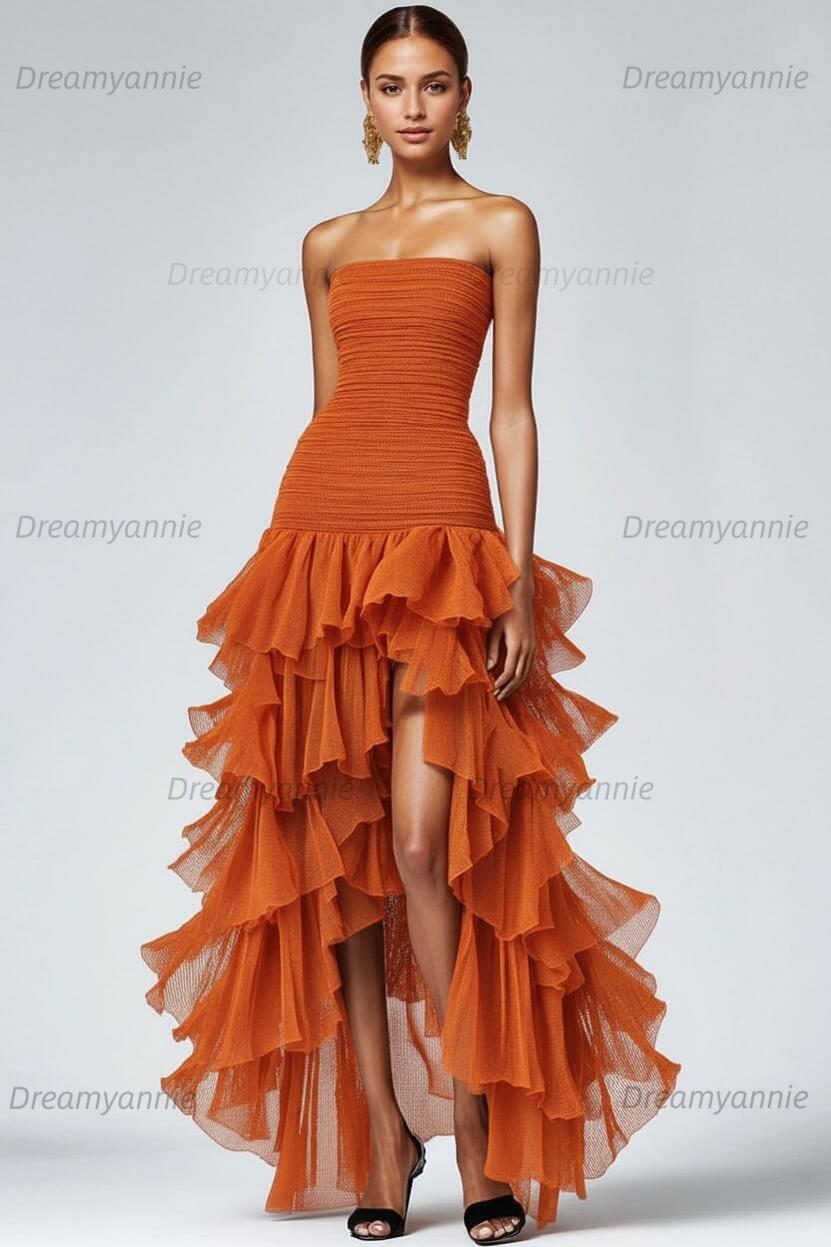 Dreamyannie Black Wedding Guest Dress Strapless Tulle Long Ruffled Formal Dress With Slit