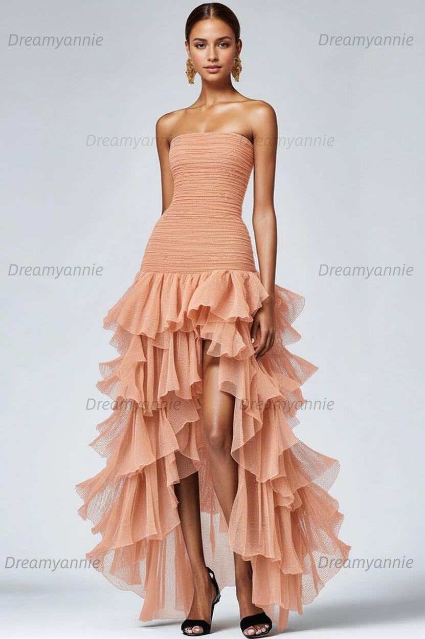 Dreamyannie Black Wedding Guest Dress Strapless Tulle Long Ruffled Formal Dress With Slit