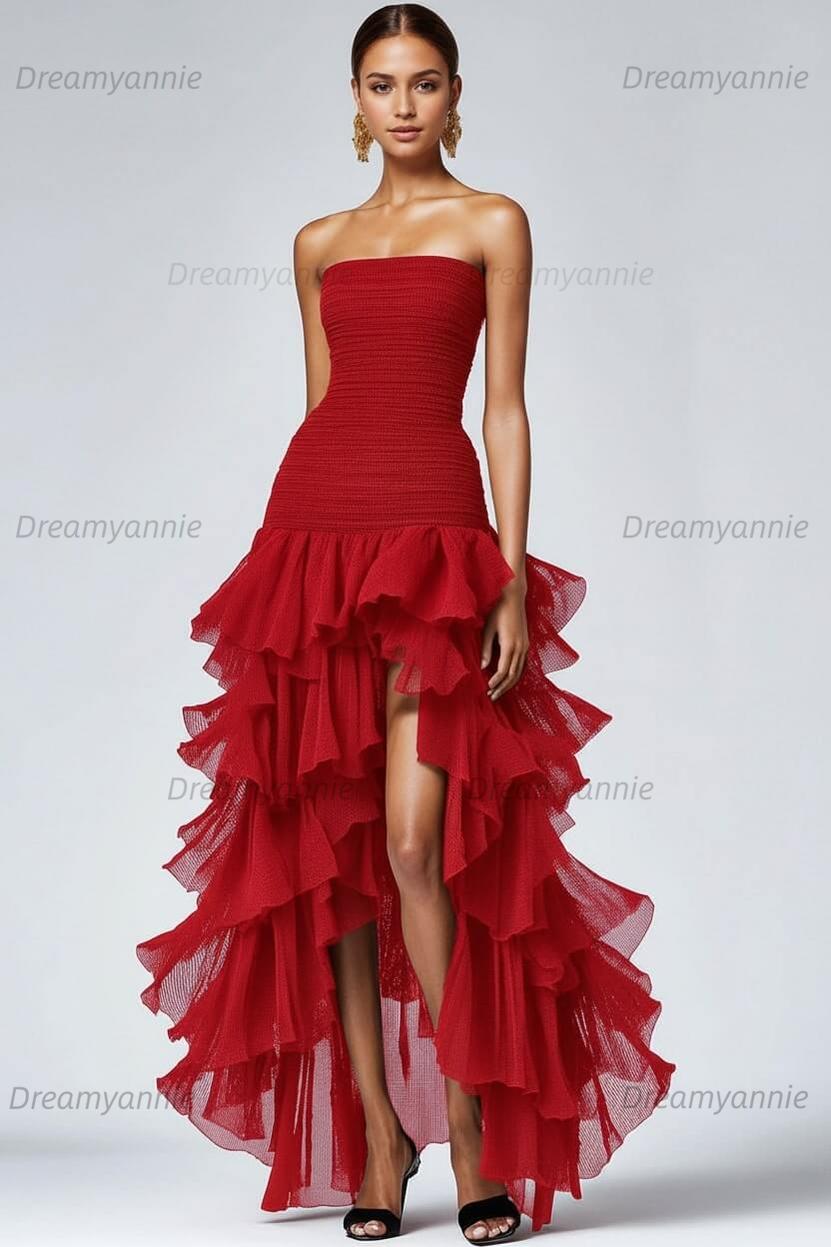 Dreamyannie Black Wedding Guest Dress Strapless Tulle Long Ruffled Formal Dress With Slit
