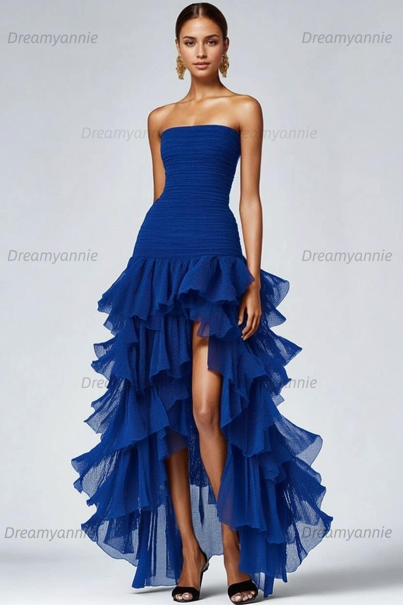 Dreamyannie Black Wedding Guest Dress Strapless Tulle Long Ruffled Formal Dress With Slit