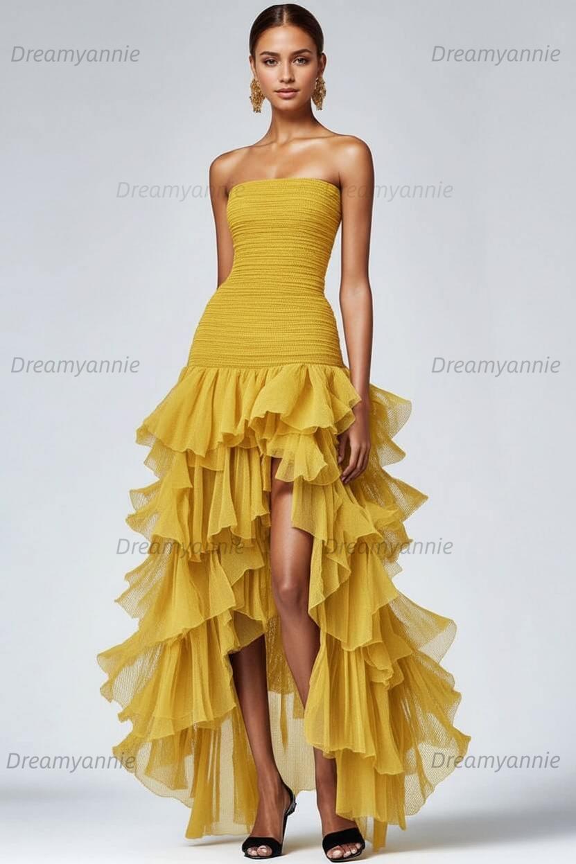 Dreamyannie Black Wedding Guest Dress Strapless Tulle Long Ruffled Formal Dress With Slit