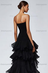 Dreamyannie Black Wedding Guest Dress Strapless Tulle Long Ruffled Formal Dress With Slit