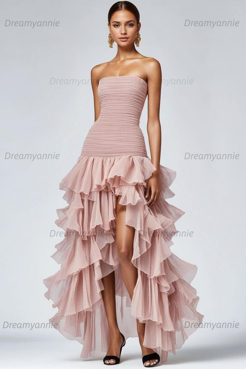 Dreamyannie Black Wedding Guest Dress Strapless Tulle Long Ruffled Formal Dress With Slit
