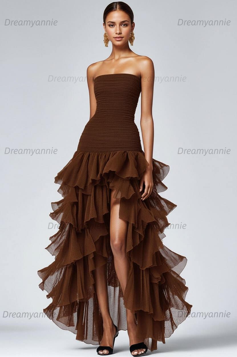 Dreamyannie Black Wedding Guest Dress Strapless Tulle Long Ruffled Formal Dress With Slit