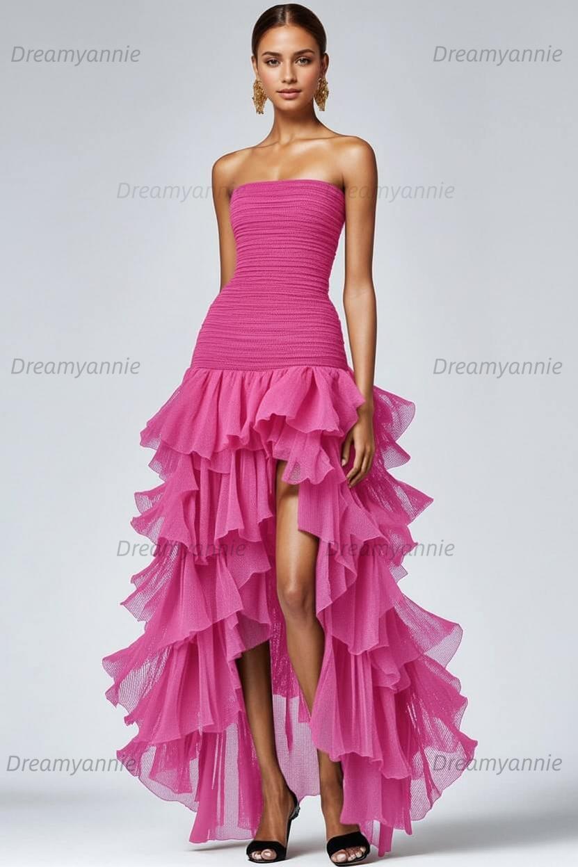 Dreamyannie Black Wedding Guest Dress Strapless Tulle Long Ruffled Formal Dress With Slit