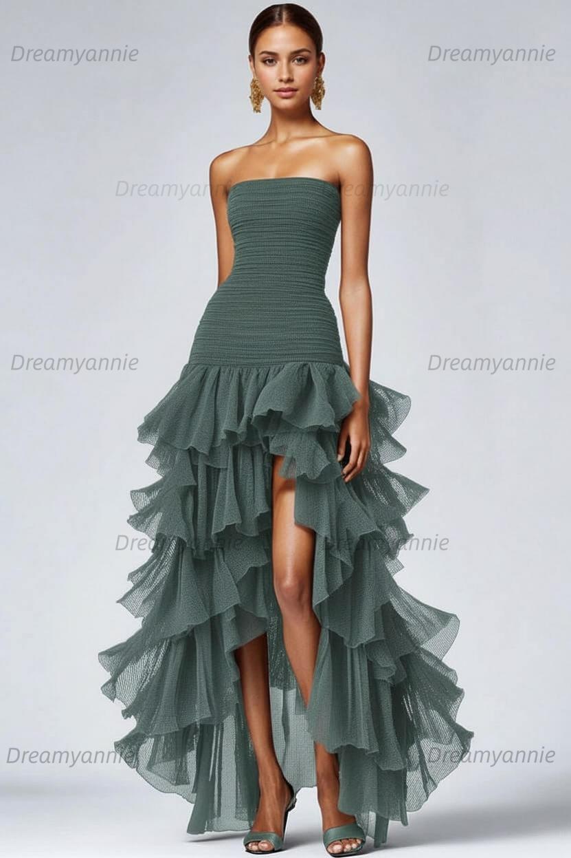 Dreamyannie Black Wedding Guest Dress Strapless Tulle Long Ruffled Formal Dress With Slit