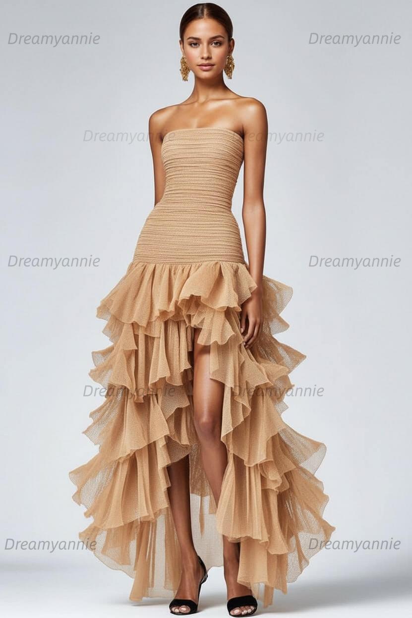 Dreamyannie Black Wedding Guest Dress Strapless Tulle Long Ruffled Formal Dress With Slit