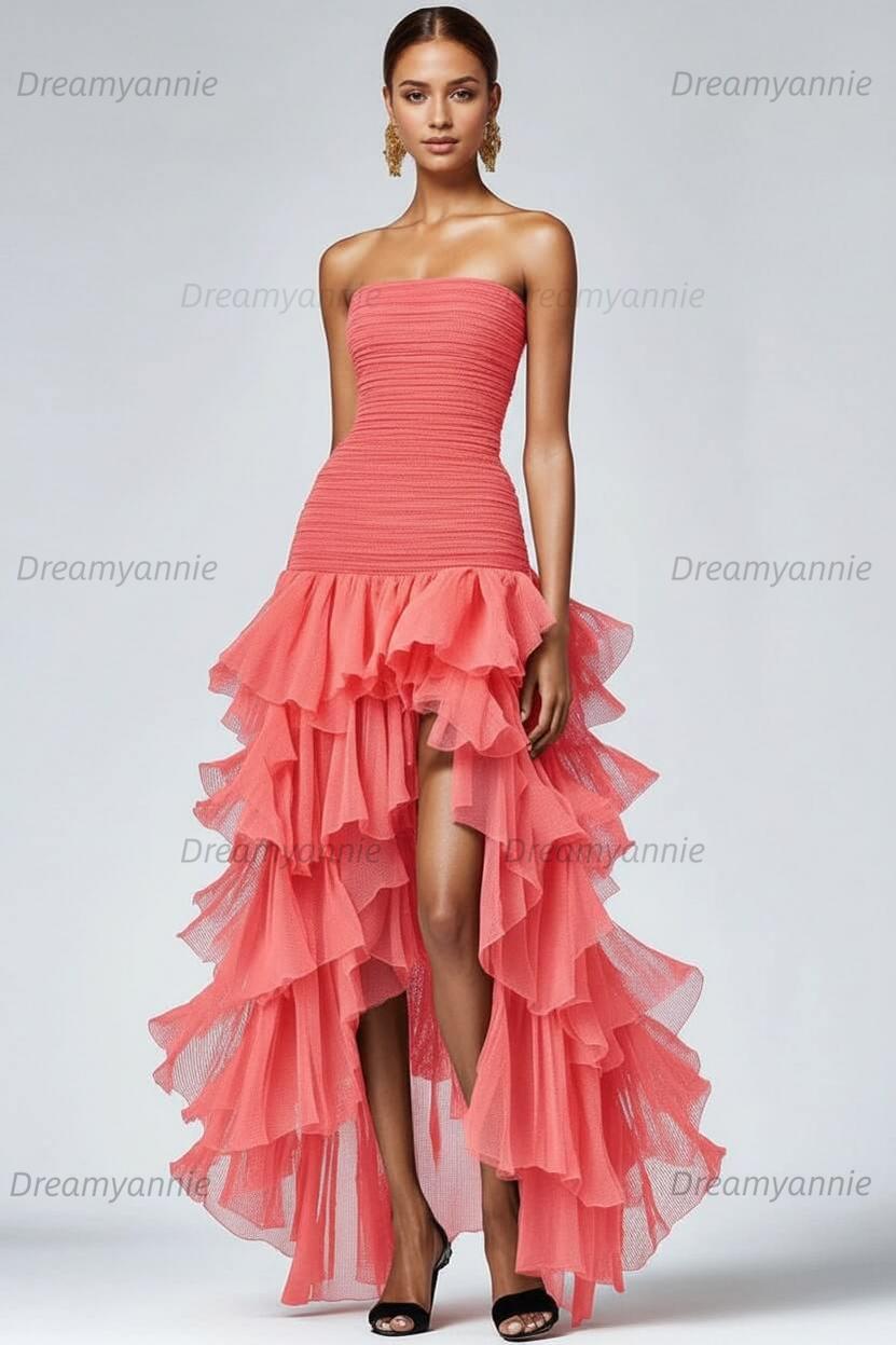 Dreamyannie Black Wedding Guest Dress Strapless Tulle Long Ruffled Formal Dress With Slit