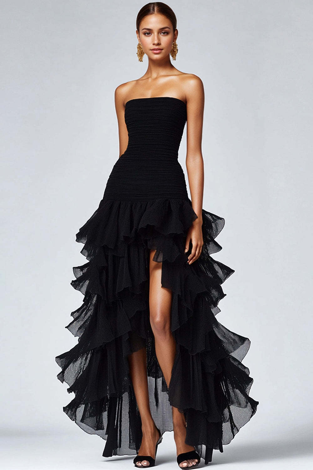 Dreamyannie Black Wedding Guest Dress Strapless Tulle Long Ruffled Formal Dress With Slit