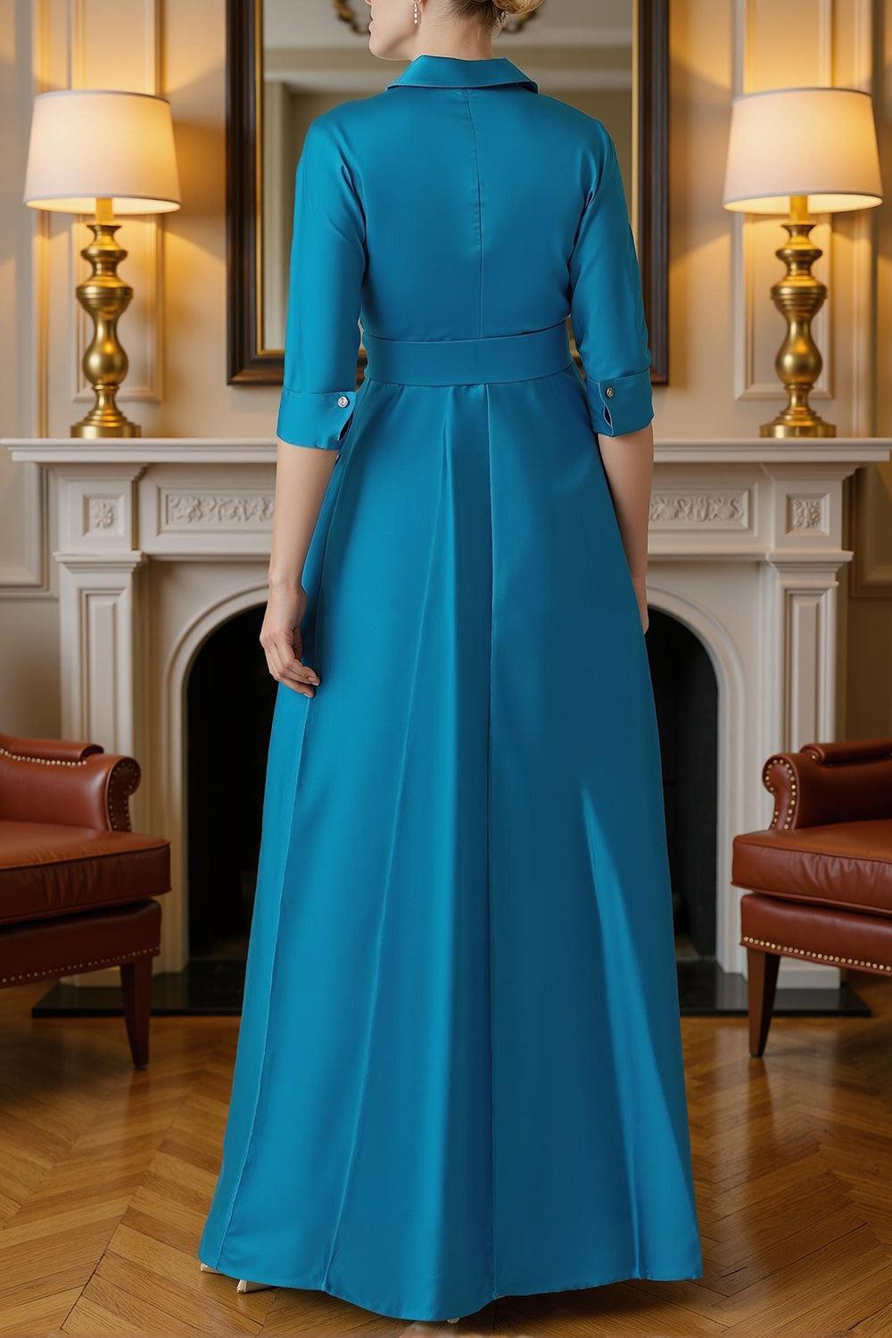 Dreamyannie Blue A Line Lapel Floor Length Mother Of The Bride Dress With Sash