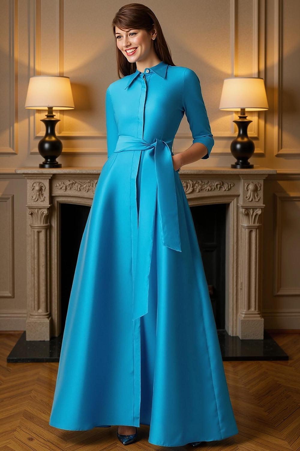 Dreamyannie Blue A Line Lapel Floor Length Mother Of The Bride Dress With Sash