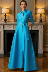 Dreamyannie Blue A Line Lapel Floor Length Mother Of The Bride Dress With Sash