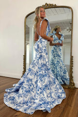 Dreamyannie Blue Floral Print Mermaid Prom Dress With Bow Shoulder Straps Formal Evening Gown
