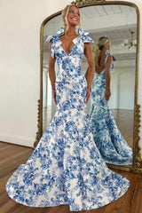 Dreamyannie Blue Floral Print Mermaid Prom Dress With Bow Shoulder Straps Formal Evening Gown