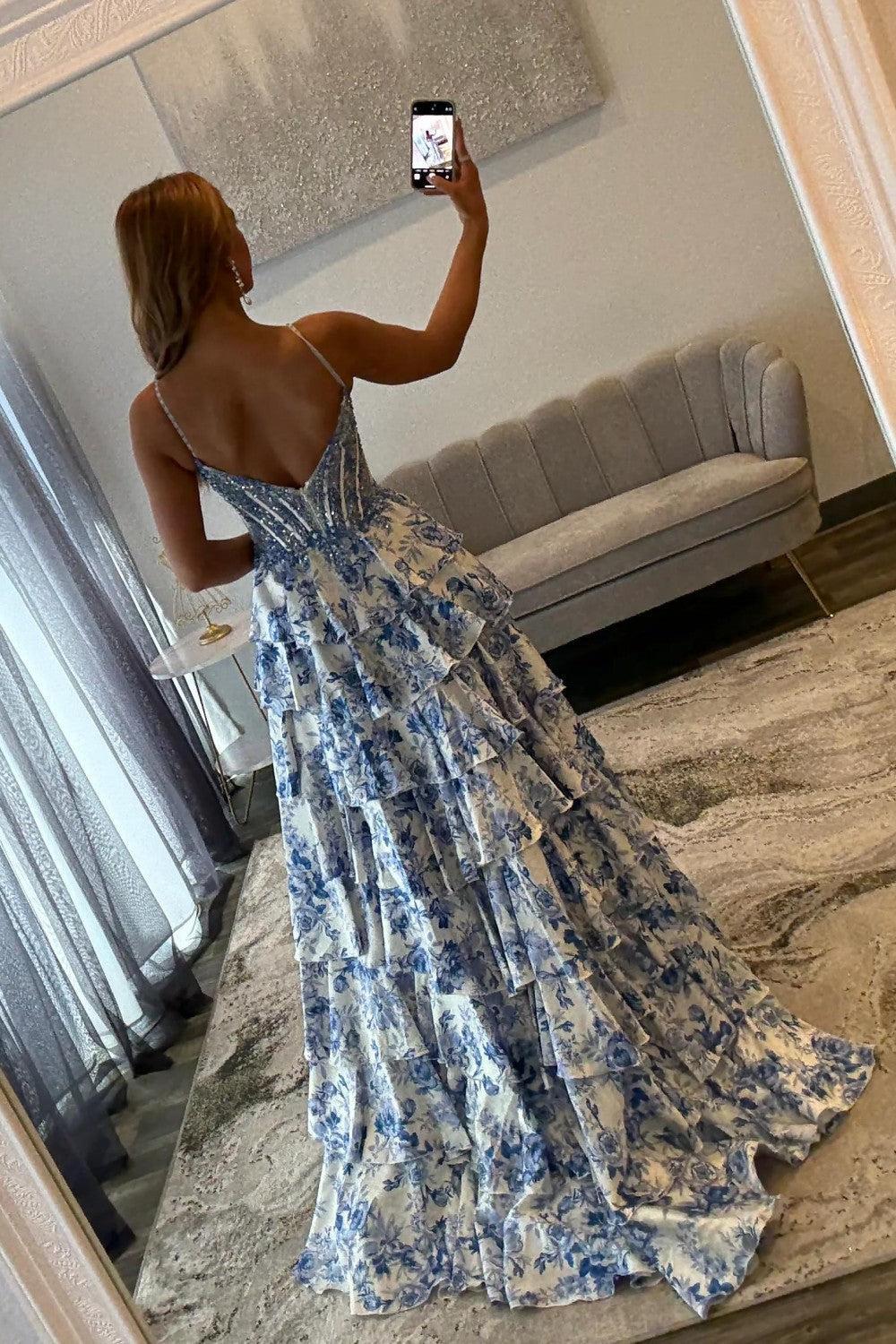Dreamyannie Blue Floral Spaghetti Straps Ruffle High-Slit Prom Dress With Lace Bodice Formal Evening Gown