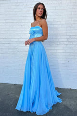 Dreamyannie Blue Flowing Chiffon Strapless Corset Prom Dress With Bow Bodice Formal Evening Gown